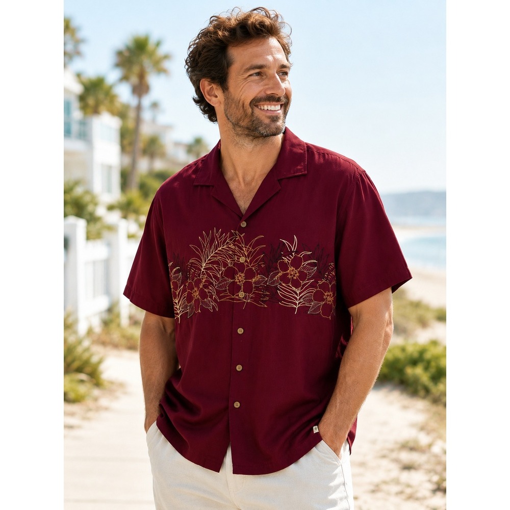 Island Shores Mens Dark Red Embroidered Washable Silk Tropical Hawaiian Shirt M